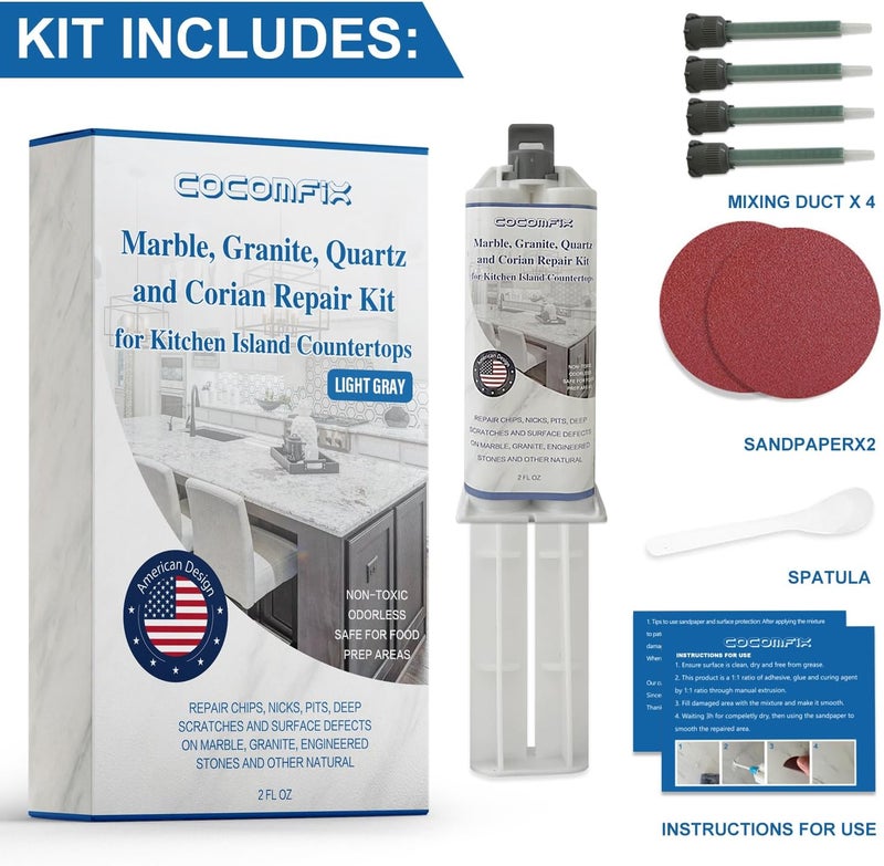 cocomfix Quartz Countertop Chip Repair Kit(Light Gray), Marble and Granite Repair to Fix Nicks, Chips or Scratches on Granite, Marble Porcelain, Corian, Travertine, Quartz, Acrylic and Other Surfaces. - Image 2